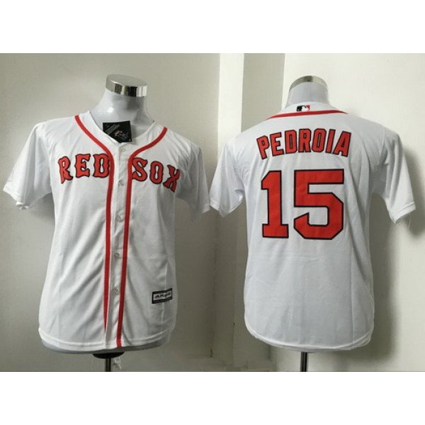 Youth Boston Red Sox #15 Dustin Pedroia Name White Home Stitched MLB Majestic Cool Base Jersey