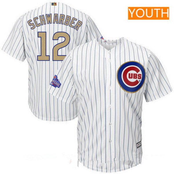 Youth Chicago Cubs #12 Kyle Schwarber White World Series Champions Gold Stitched MLB Majestic 2017 Cool Base Jersey