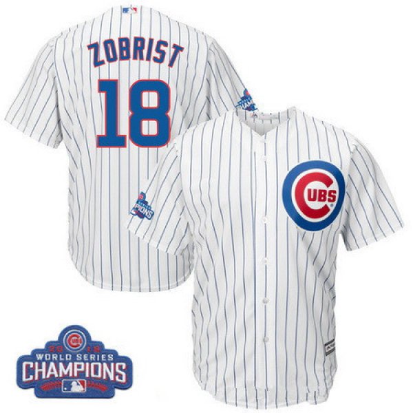 Youth Chicago Cubs #18 Ben Zobrist Majestic White Home 2016 World Series Champions Team Logo Patch Player Jersey