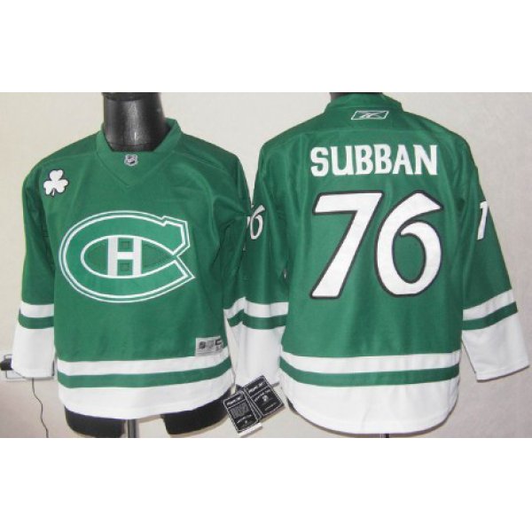 Montreal Canadiens #76 P.K. Subban St. Patrick's Day Green Kids Jersey