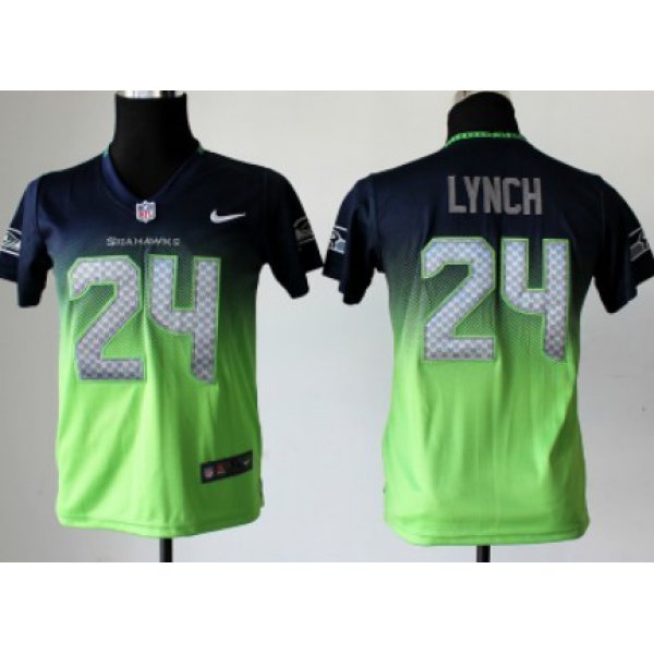 Nike Seattle Seahawks #24 Marshawn Lynch Navy Blue/Green Fadeaway Kids Jersey