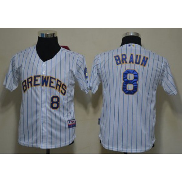 Milwaukee Brewers #8 Ryan Braun White Pinstripe Kids Jersey