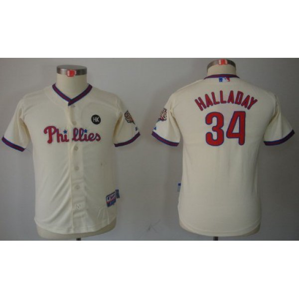 Philadelphia Phillies #34 Roy Halladay Cream Kids Jersey