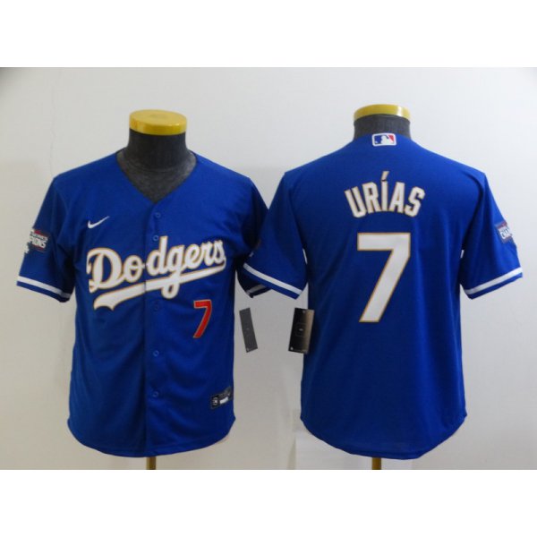 Youth Los Angeles Dodgers #7 Julio Urias Red Number Blue Gold Championship Stitched MLB Cool Base Nike Jersey