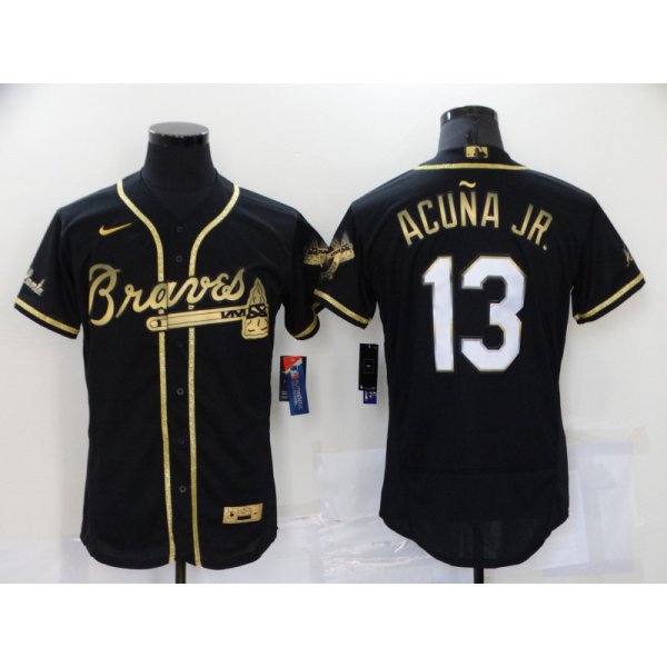 Men's Atlanta Braves #13 Ronald Acuna Jr Black 2021 Golden Edition Stitched Flex Base Nike Jersey