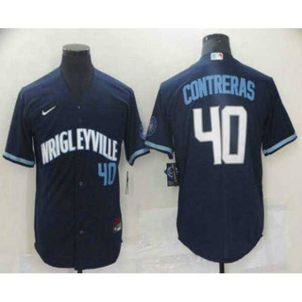 Men's Chicago Cubs #40 Willson Contreras Navy Blue With Number 2021 City Connect Stitched MLB Cool Base Nike Jersey