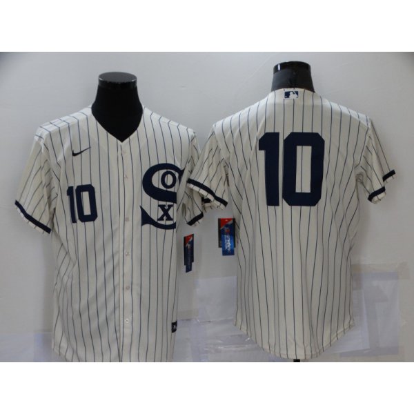 Men's Chicago White Sox #10 Yoan Moncada 2021 Cream Navy Field of Dreams Number Flex Base Stitched Jersey