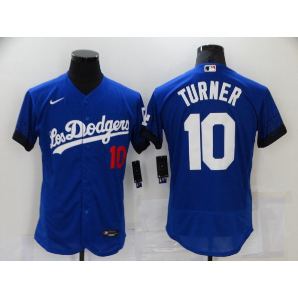 Men's Los Angeles Dodgers #10 Justin Turner Blue 2021 City Connect Flex Base Stitched Jersey