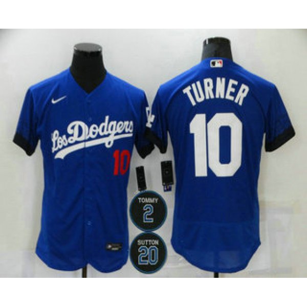 Men's Los Angeles Dodgers #10 Justin Turner Blue #2 #20 Patch City Connect Flex Base Stitched Jersey