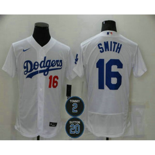 Men's Los Angeles Dodgers #16 Will Smith White #2 #20 Patch Stitched MLB Flex Base Nike Jersey