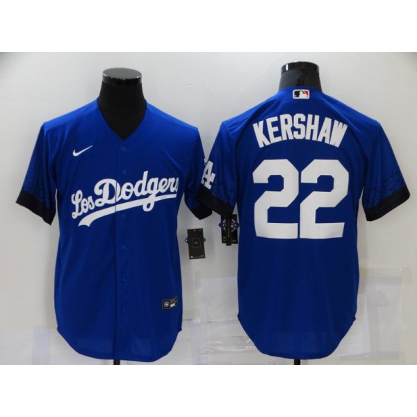 Men's Los Angeles Dodgers #22 Clayton Kershaw Blue 2021 City Connect Cool Base Stitched Jersey