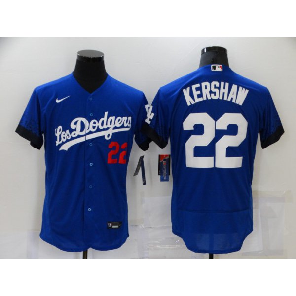 Men's Los Angeles Dodgers #22 Clayton Kershaw Blue 2021 City Connect Flex Base Stitched Jersey