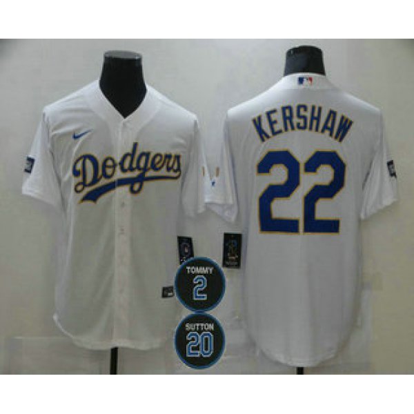 Men's Los Angeles Dodgers #22 Clayton Kershaw White Gold #2 #20 Patch Stitched MLB Cool Base Nike Jersey