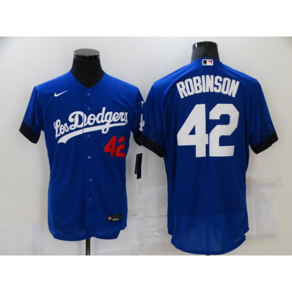 Men's Los Angeles Dodgers #42 Jackie Robinson Blue 2021 City Connect Flex Base Stitched Jersey