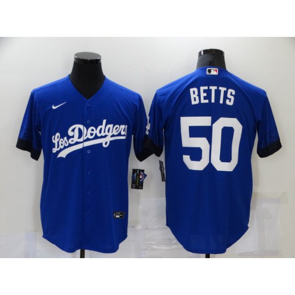 Men's Los Angeles Dodgers #50 Mookie Betts Blue 2021 City Connect Cool Base Stitched Jersey