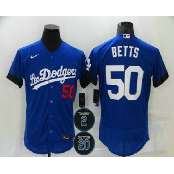 Men's Los Angeles Dodgers #50 Mookie Betts Blue #2 #20 Patch City Connect Flex Base Stitched Jersey