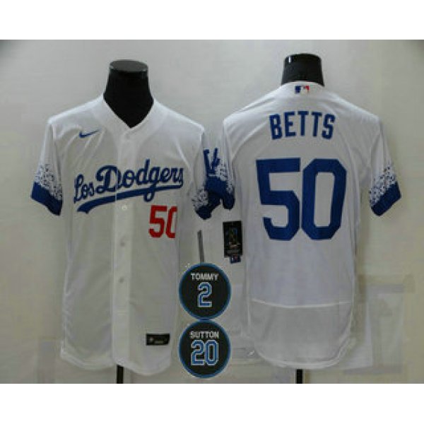 Men's Los Angeles Dodgers #50 Mookie Betts White #2 #20 Patch City Connect Flex Base Stitched Jersey