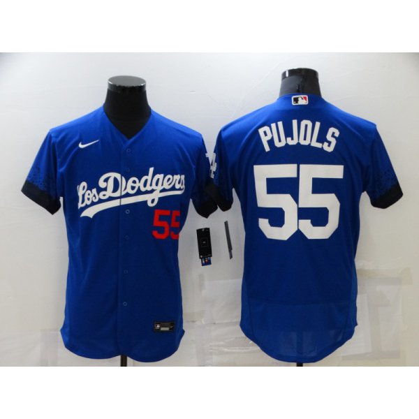 Men's Los Angeles Dodgers #55 Albert Pujols Blue 2021 City Connect Flex Base Stitched Jersey