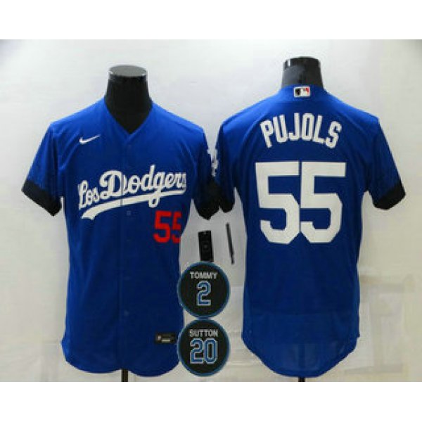 Men's Los Angeles Dodgers #55 Albert Pujols Blue #2 #20 Patch City Connect Flex Base Stitched Jersey