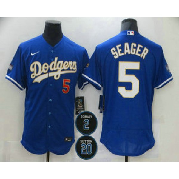 Men's Los Angeles Dodgers #5 Corey Seager Blue #2 #20 Patch Stitched MLB Flex Base Nike Jersey