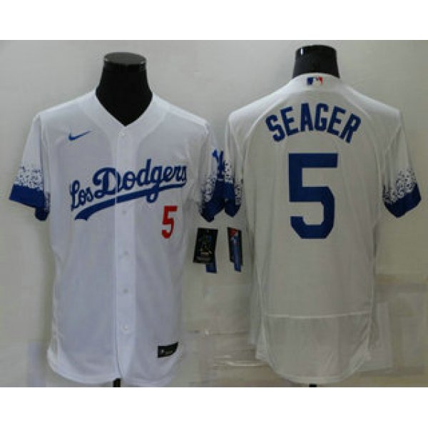 Men's Los Angeles Dodgers #5 Corey Seager White 2021 City Connect Flex Base Stitched Jersey
