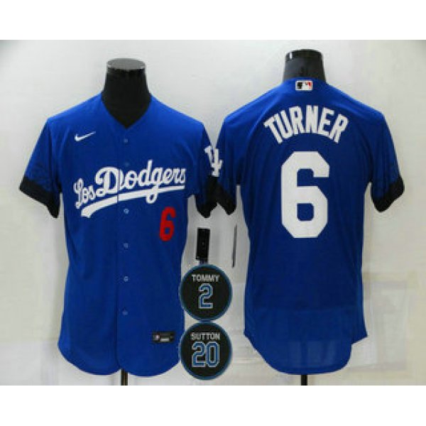 Men's Los Angeles Dodgers #6 Trea Turner Blue #2 #20 Patch City Connect Flex Base Stitched Jersey
