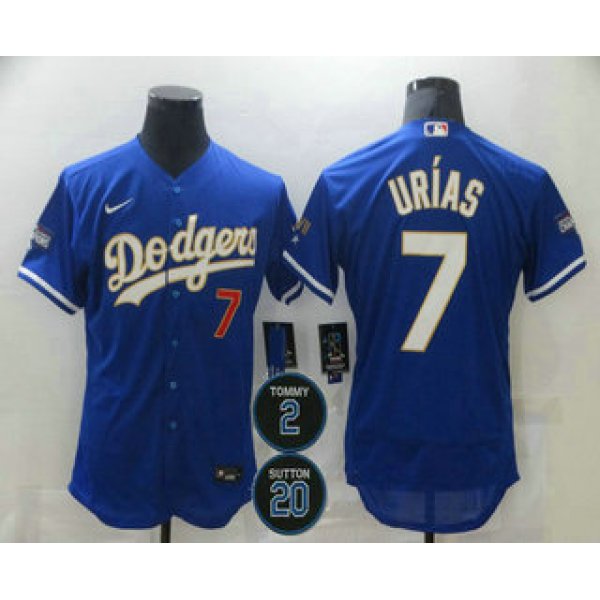 Men's Los Angeles Dodgers #7 Julio Urias Blue Gold #2 #20 Patch Stitched MLB Flex Base Nike Jersey