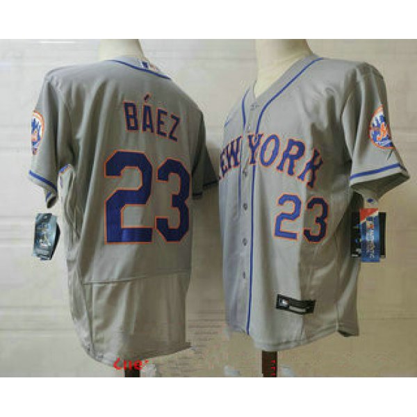 Men's New york mets #23 javier baez grey stitched mlb flex base nike jersey