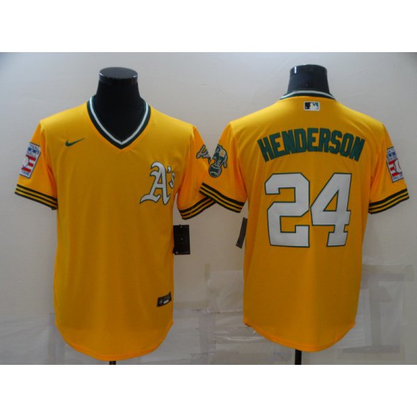 Men's Oakland Athletics #24 Rickey Henderson Yellow Nike Throwback Cool Base Jersey