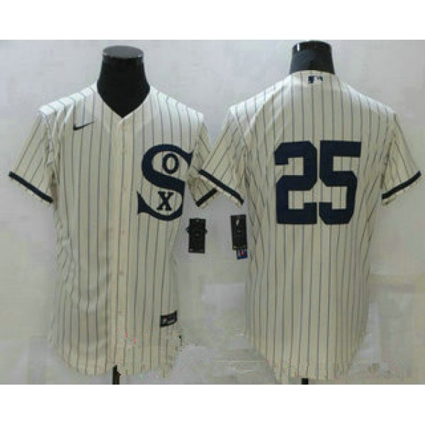 Men's chicago white sox #25 andrew vaughn 2021 cream navy field of dreams flex base stitched jersey