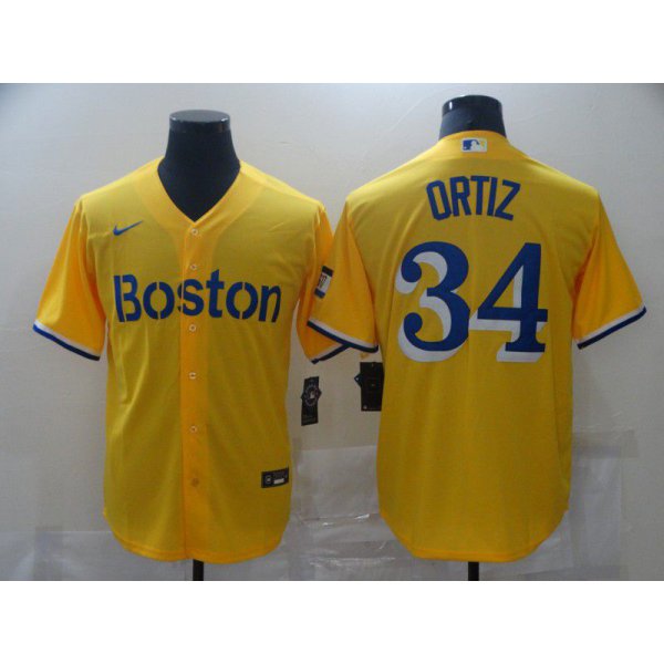 Men Boston Red Sox 34 Ortiz Yellow Game 2021 Nike MLB Jerseys