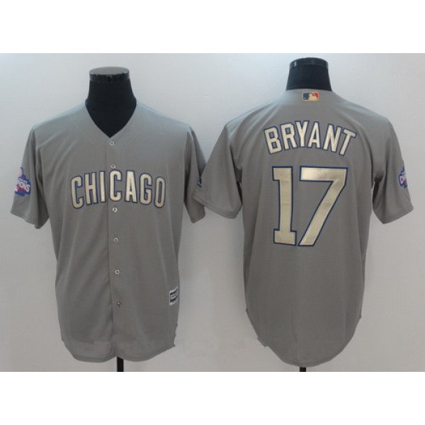 Men's Chicago Cubs #17 Kris Bryant Gray World Series Champions Gold Stitched MLB Majestic 2017 Cool Base Jersey