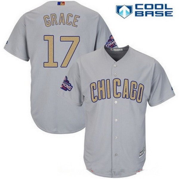 Men's Chicago Cubs #17 Mark Grace Gray World Series Champions Gold Stitched MLB Majestic 2017 Cool Base Jersey
