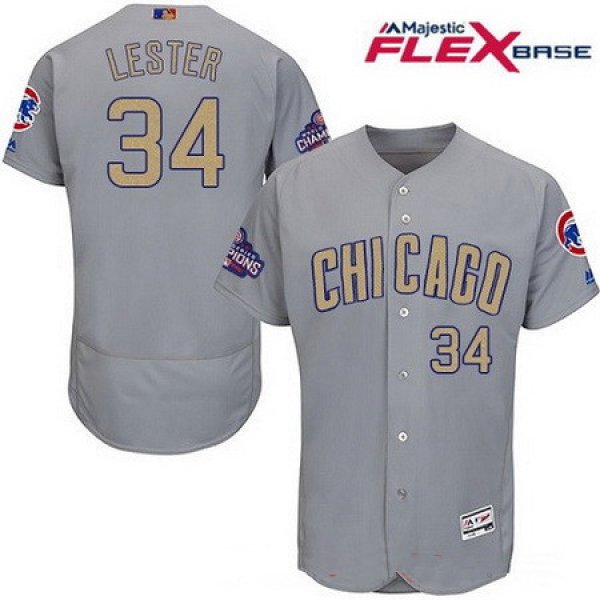 Men's Chicago Cubs #34 Jon Lester Gray World Series Champions Gold Stitched MLB Majestic 2017 Flex Base Jersey