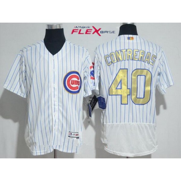 Men's Chicago Cubs #40 Willson Contreras White World Series Champions Gold Stitched MLB Majestic 2017 Flex Base Jersey