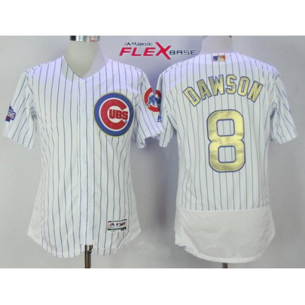 Men's Chicago Cubs #8 Andre Dawson Retired White World Series Champions Gold Stitched MLB Majestic 2017 Flex Base Jersey