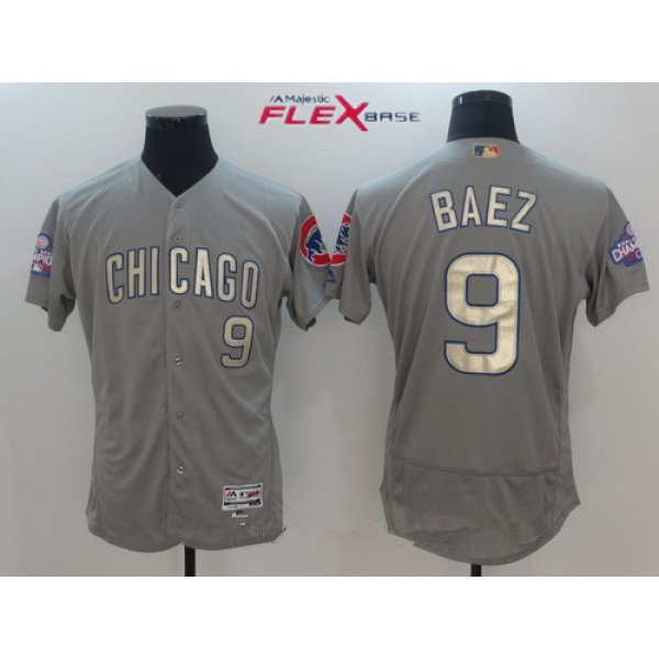 Men's Chicago Cubs #9 Javier Baez Gray World Series Champions Gold Stitched MLB Majestic 2017 Flex Base Jersey