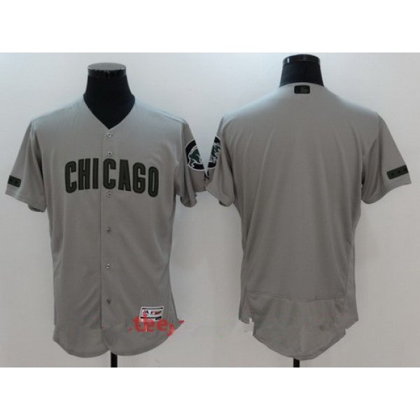 Men's Chicago Cubs Blank Gray With Green Memorial Day Stitched MLB Majestic Flex Base Jersey