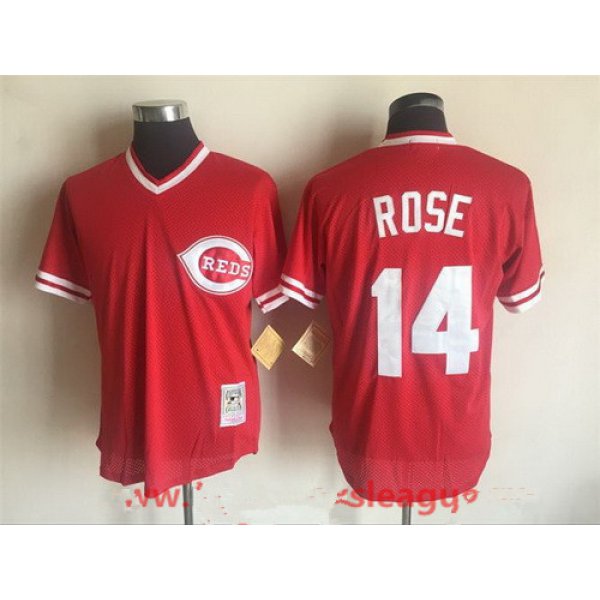 Men's Cincinnati Reds #14 Pete Rose Red Mesh Batting Practice 1976 Throwback Jersey By Mitchell & Ness