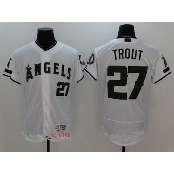 Men's Los Angeles Angels Of Anaheim #27 Mike Trout White with Green Memorial Day Stitched MLB Majestic Flex Base Jersey