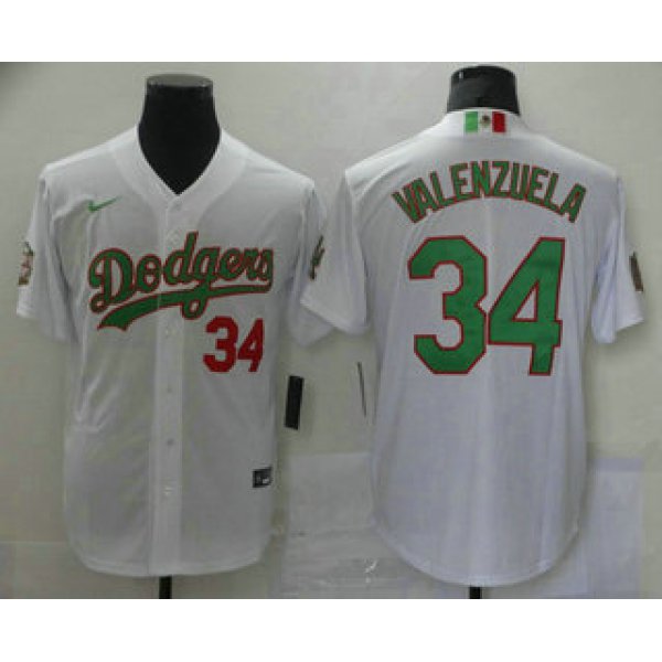 Men's Los Angeles Dodgers #34 Fernando Valenzuela White Green Mexico 2020 World Series Stitched MLB Jersey