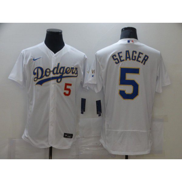 Men Los Angeles Dodgers 5 Swager Champion of white gold and blue characters Elite 2021 Nike MLB Jersey