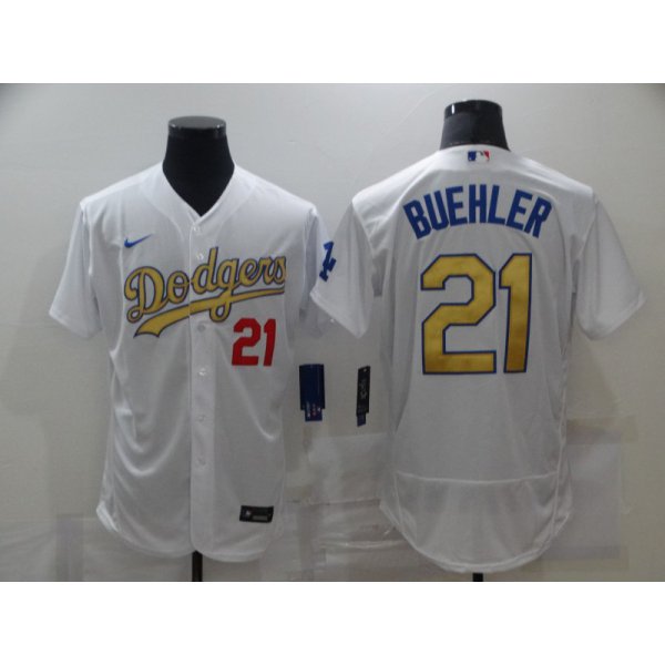 Men's Los Angeles Dodgers #21 Walker Buehler 2020 White Gold Sttiched Nike MLB Jersey