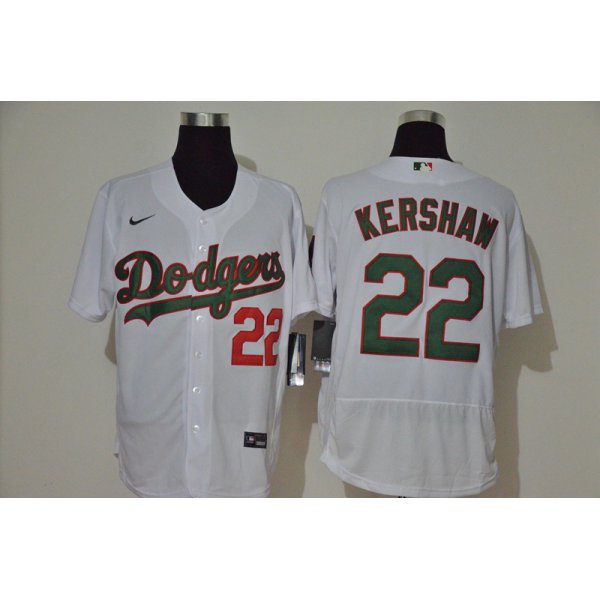 Men's Los Angeles Dodgers #22 Clayton Kershaw White With Green Name Stitched MLB Flex Base Nike Jersey