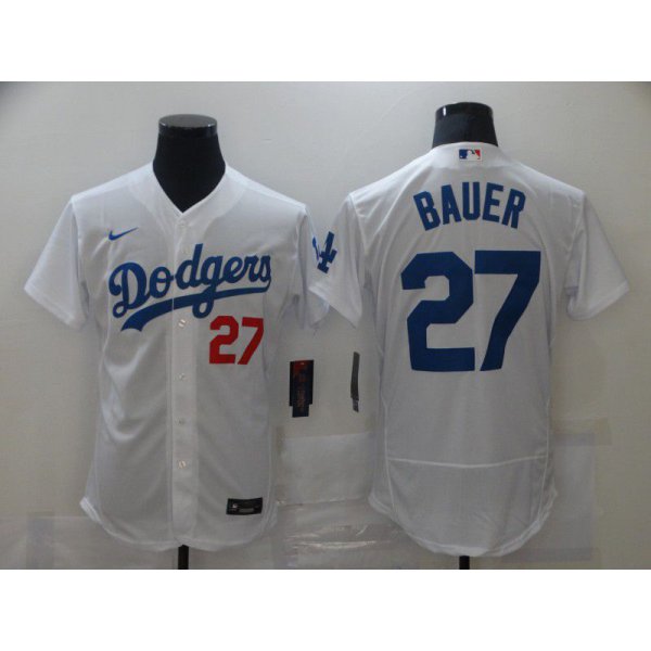 Men's Los Angeles Dodgers #27 Trevor Bauer White Stitched MLB Flex Base Nike Jersey