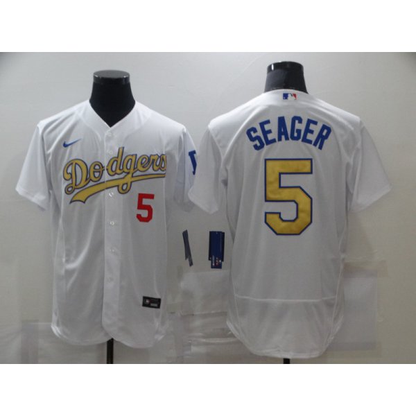 Men's Los Angeles Dodgers #5 Corey Seager 2020 White Gold Sttiched Nike MLB Jersey