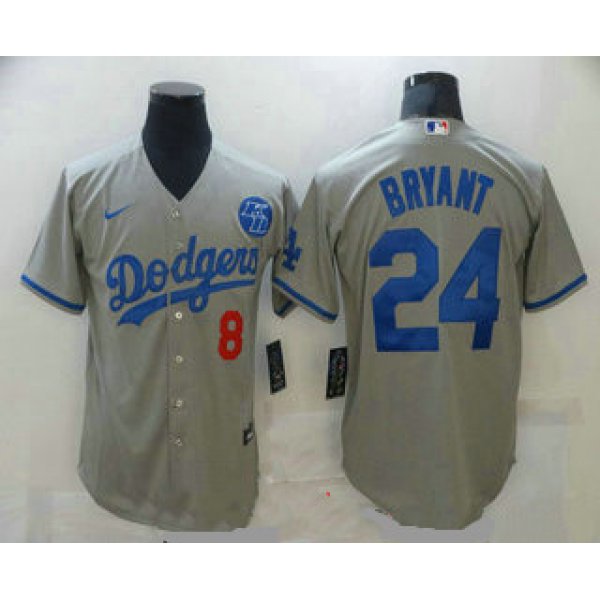 Men's Los Angeles Dodgers #8 #24 Kobe Bryant Grey KB Patch Stitched MLB Cool Base Nike Jersey
