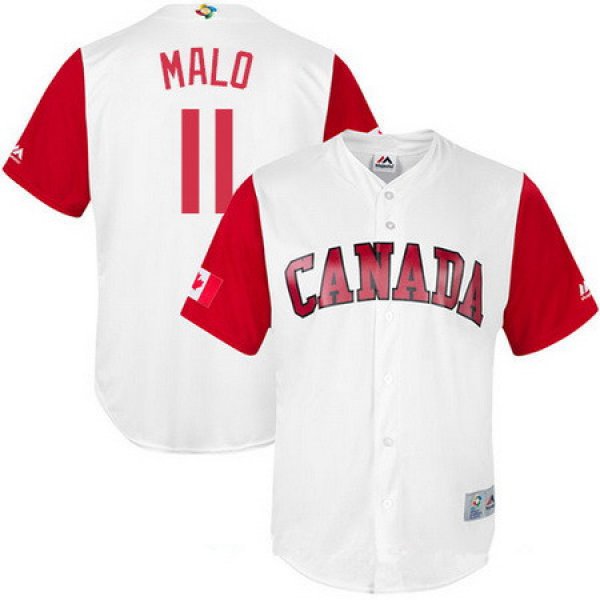 Men's Team Canada Baseball Majestic #11 Jonathan Malo White 2017 World Baseball Classic Stitched Replica Jersey