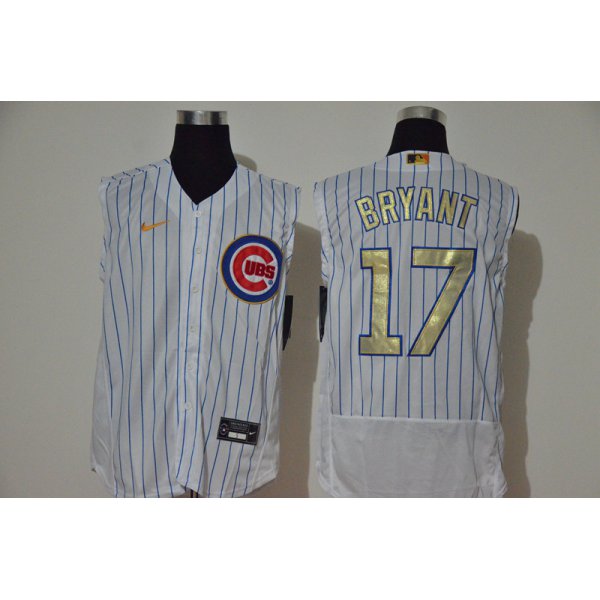 Men's Chicago Cubs #17 Kris Bryant White Gold 2020 Cool and Refreshing Sleeveless Fan Stitched Flex Nike Jersey