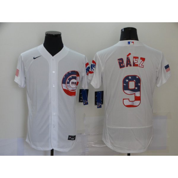 Men's Chicago Cubs #9 Javier Baez Blue White USA Flag Stitched MLB Flex Base Nike Jersey